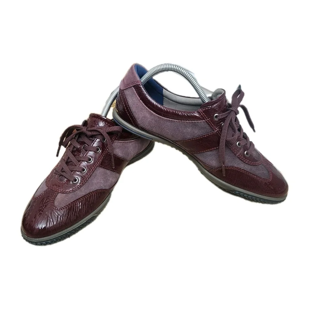 Ecco Women Suede Patent Leather Lace Up Sneakers Sz 41 US 10.5 Burgundy Comfort‎